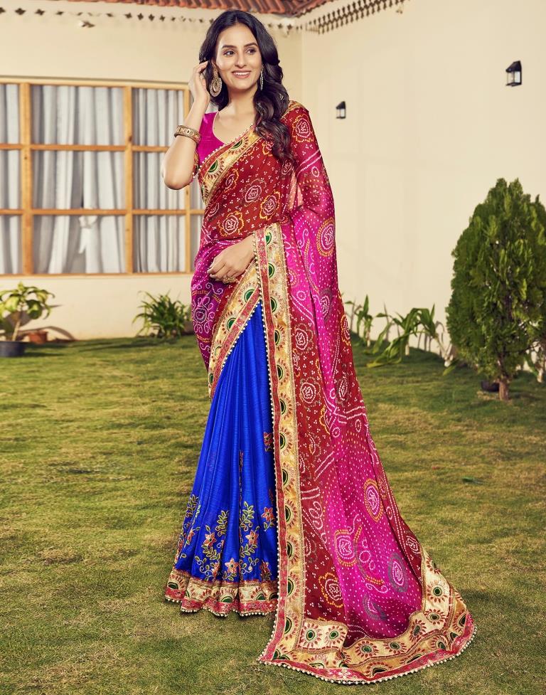 Maroon &amp; Multicoloured Chiffon Printed  Saree