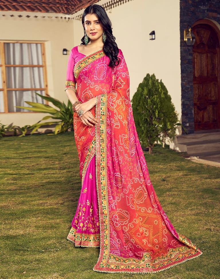 Orange &amp; Pink Chiffon Printed  Saree