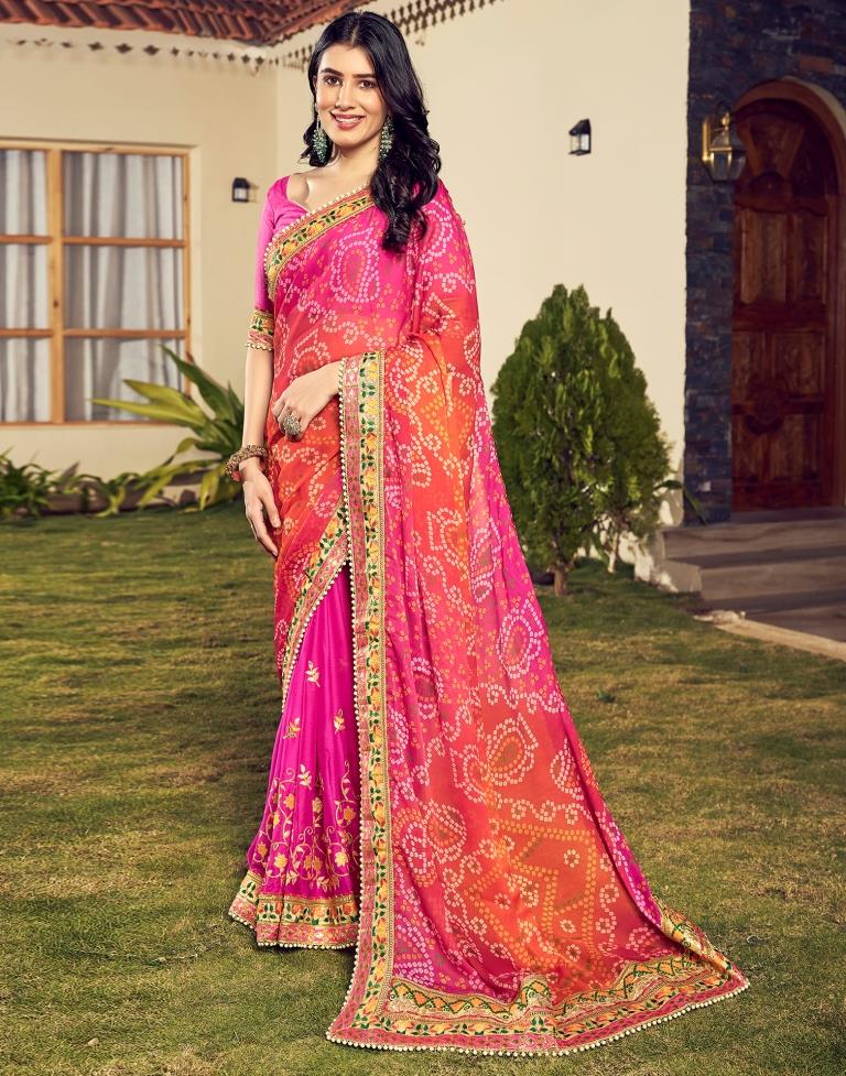 Orange &amp; Pink Chiffon Printed  Saree