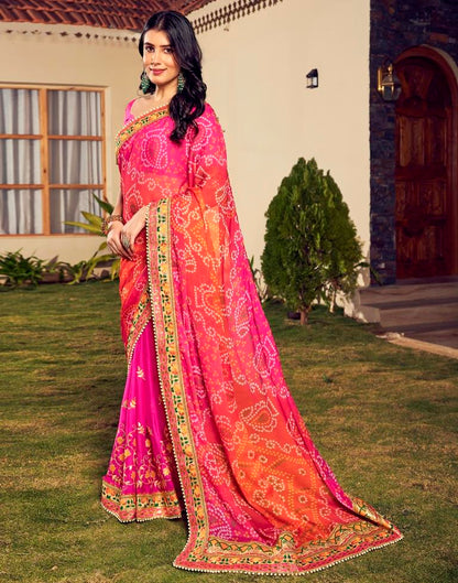 Orange &amp; Pink Chiffon Printed  Saree