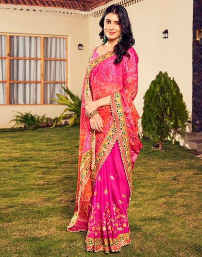 Orange &amp; Pink Chiffon Printed  Saree