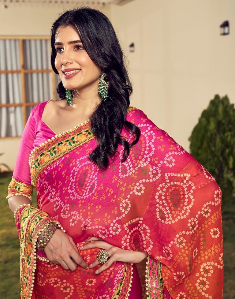 Orange &amp; Pink Chiffon Printed  Saree