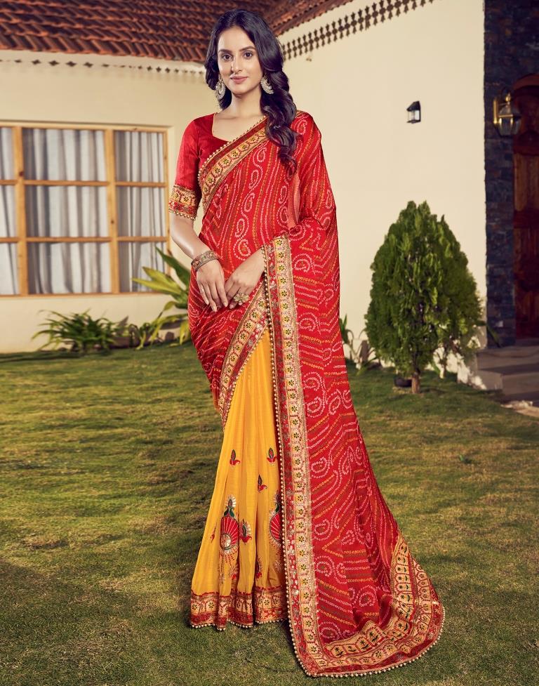 Red Chiffon Printed  Saree