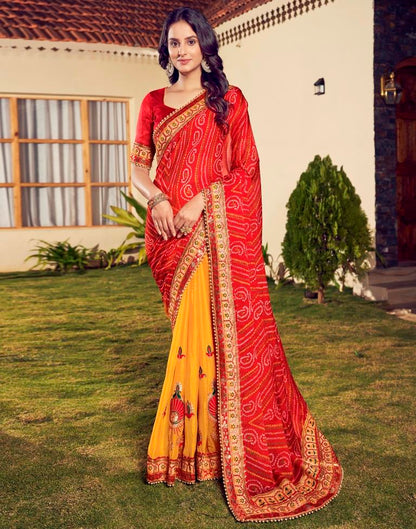 Red Chiffon Printed  Saree