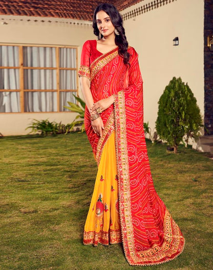 Red Chiffon Printed  Saree