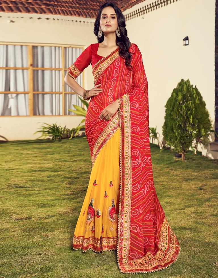 Red Chiffon Printed  Saree