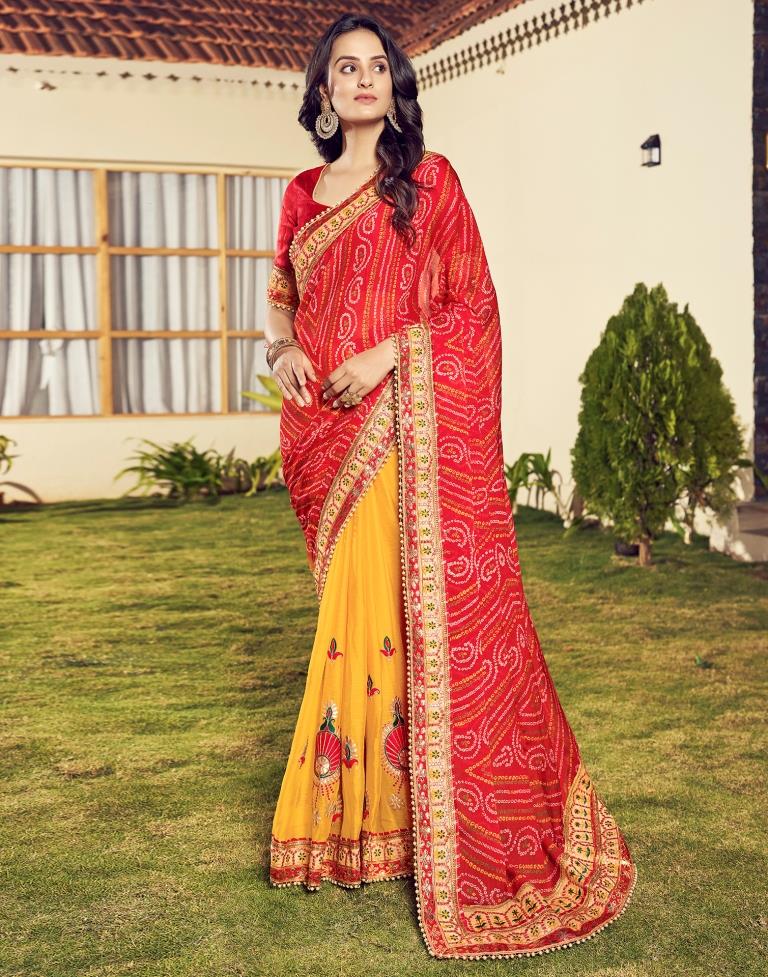 Red Chiffon Printed  Saree