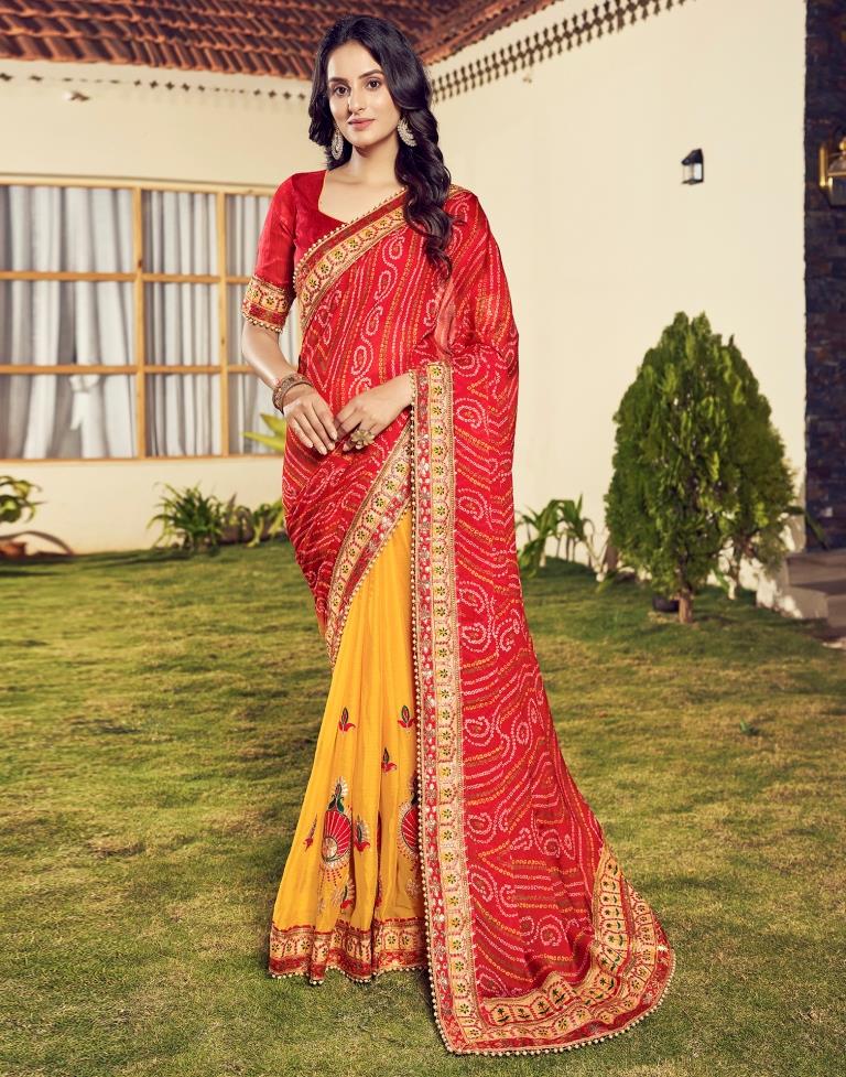 Red Chiffon Printed  Saree