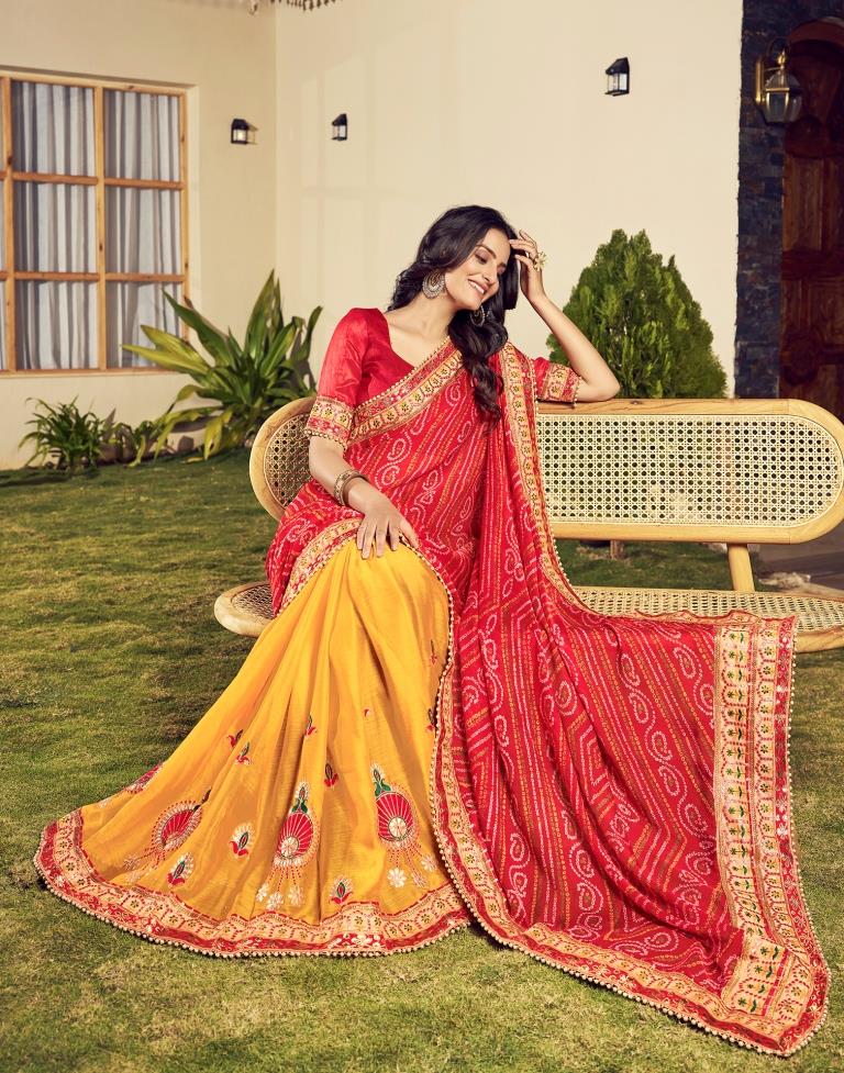 Red Chiffon Printed  Saree