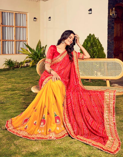 Red Chiffon Printed  Saree