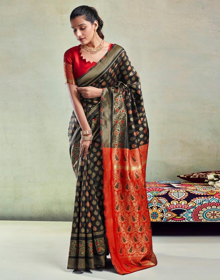 B1G1 Black &amp; Orange Silk Woven Saree