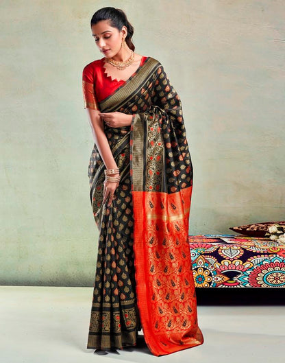 B1G1 Black &amp; Orange Silk Woven Saree