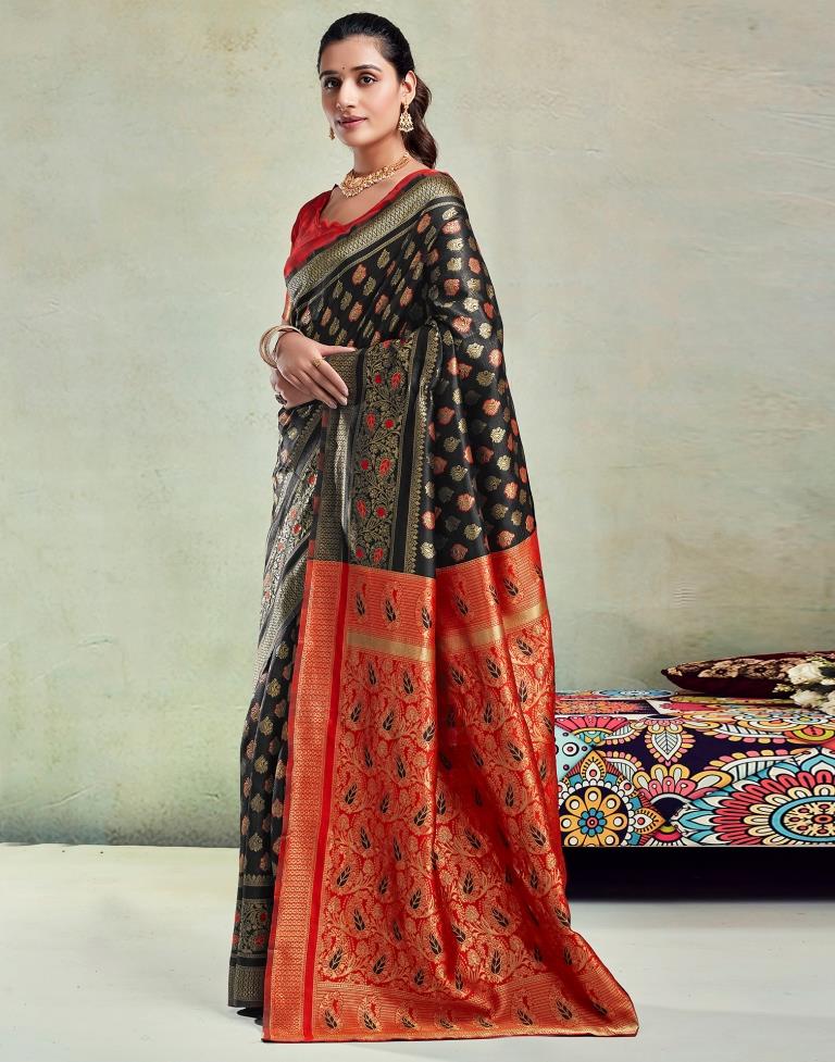 B1G1 Black &amp; Orange Silk Woven Saree