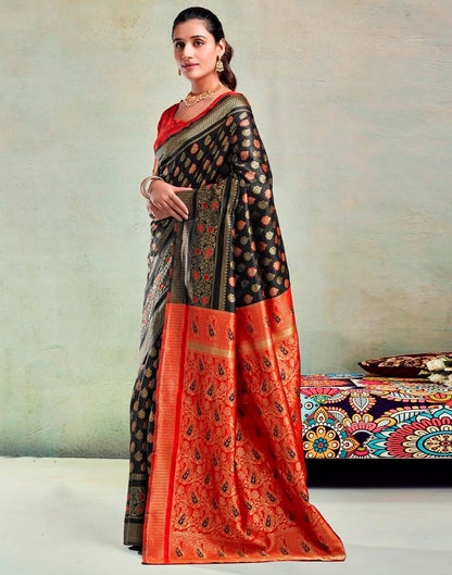 B1G1 Black &amp; Orange Silk Woven Saree