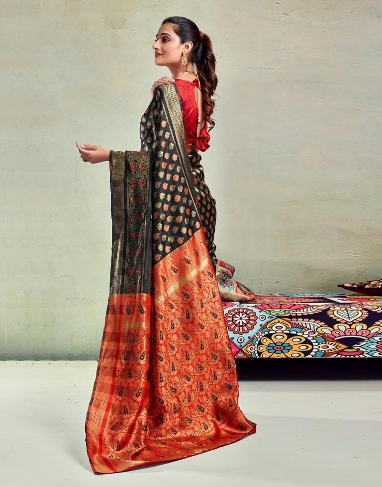 B1G1 Black &amp; Orange Silk Woven Saree