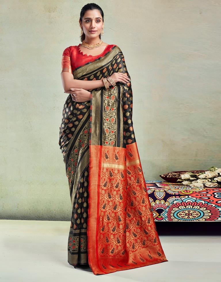 B1G1 Black &amp; Orange Silk Woven Saree