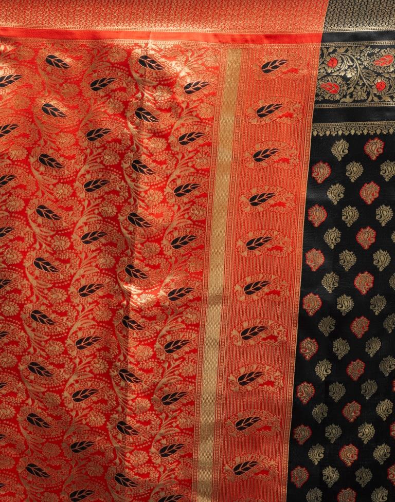 B1G1 Black &amp; Orange Silk Woven Saree