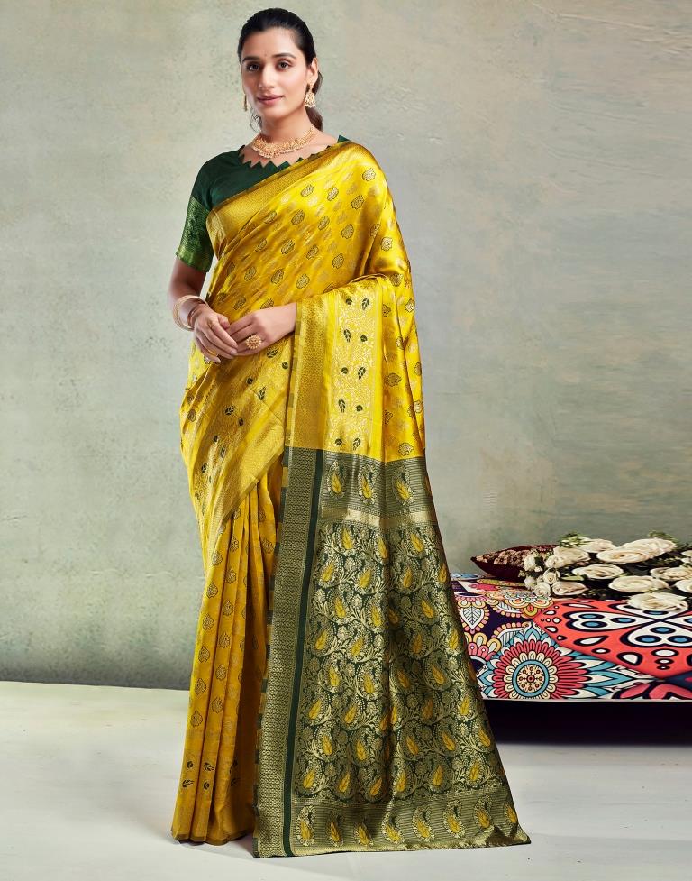 Yellow &amp; Dark Green Silk Woven Saree