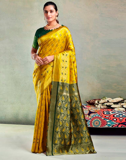 Yellow &amp; Dark Green Silk Woven Saree