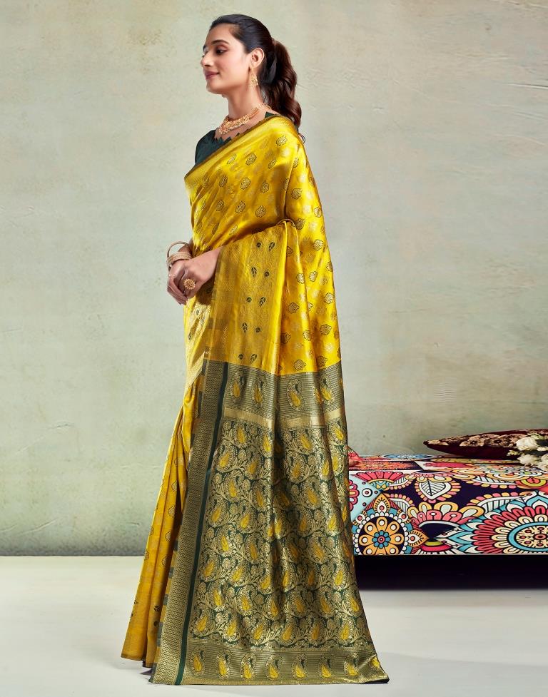 Yellow &amp; Dark Green Silk Woven Saree