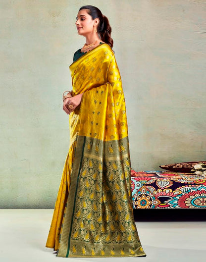 Yellow &amp; Dark Green Silk Woven Saree