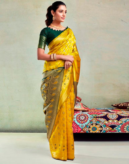 Yellow &amp; Dark Green Silk Woven Saree