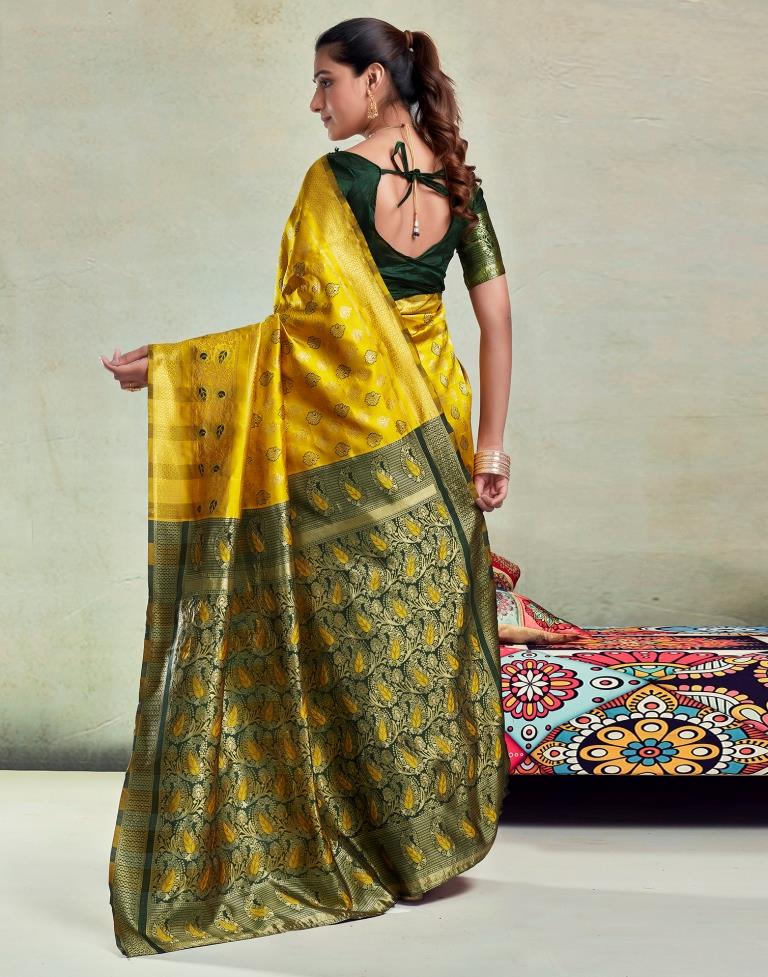 Yellow &amp; Dark Green Silk Woven Saree