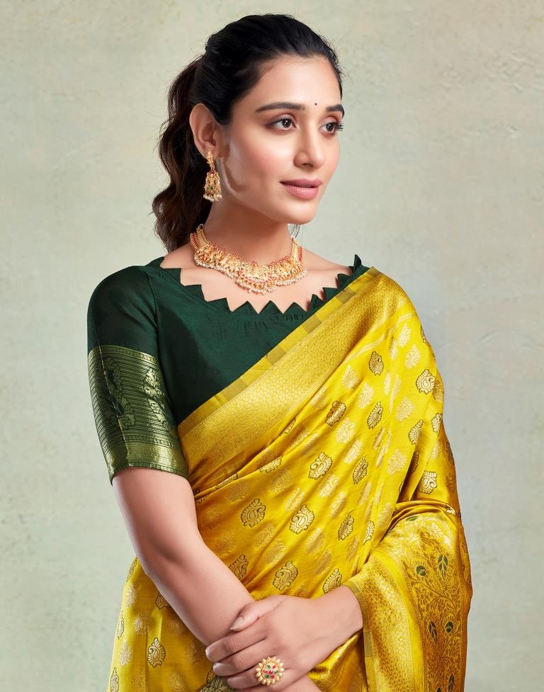 Yellow &amp; Dark Green Silk Woven Saree