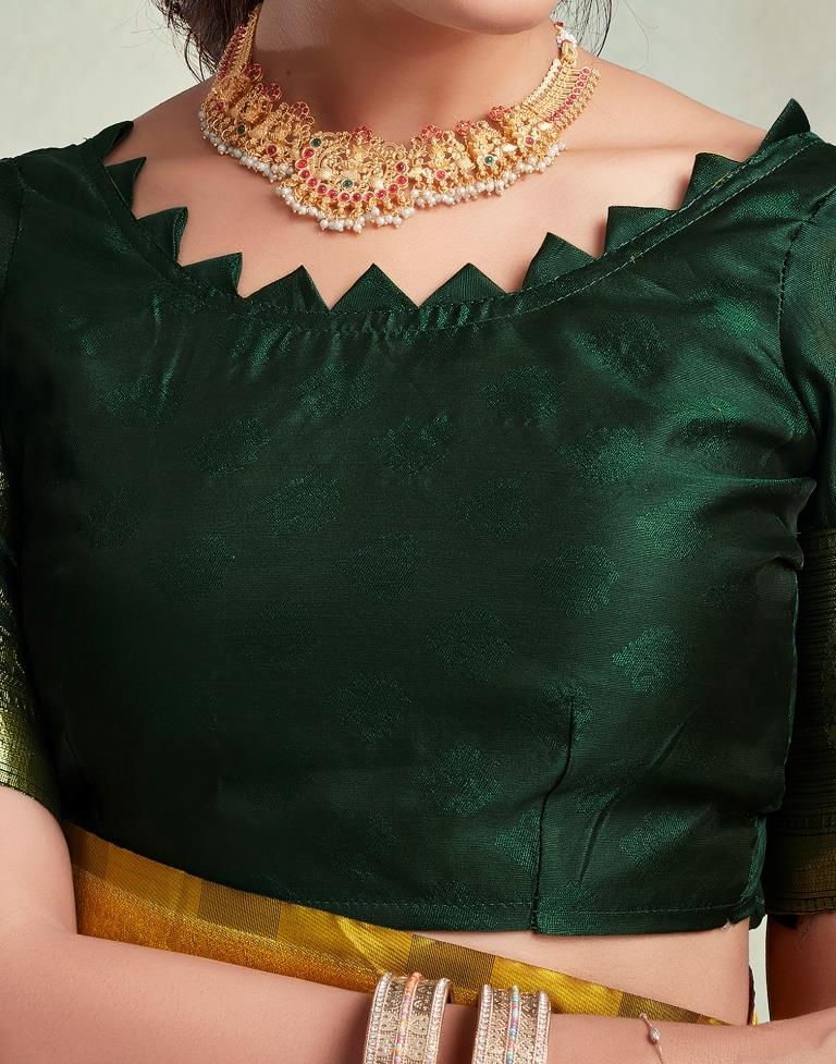 Yellow &amp; Dark Green Silk Woven Saree