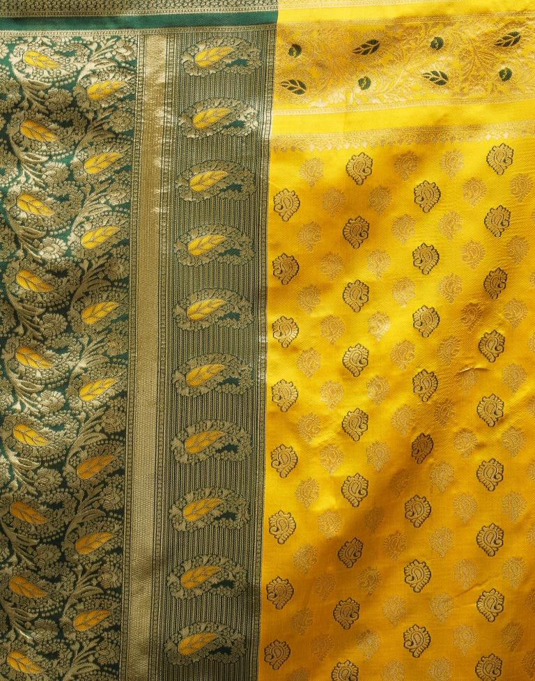 Yellow &amp; Dark Green Silk Woven Saree