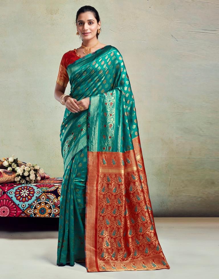 B1G1 Teal Green Silk Woven Saree