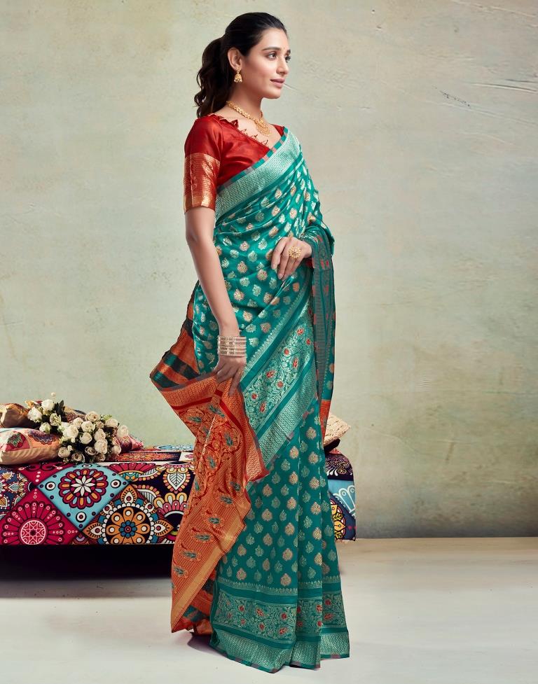 B1G1 Teal Green Silk Woven Saree