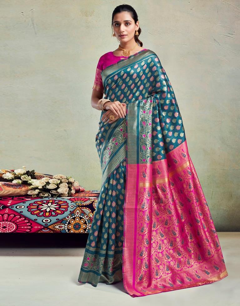 Teal Blue Silk Woven Saree