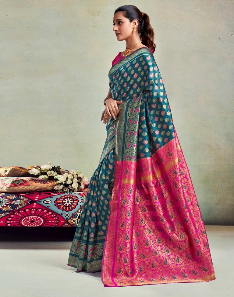 Teal Blue Silk Woven Saree