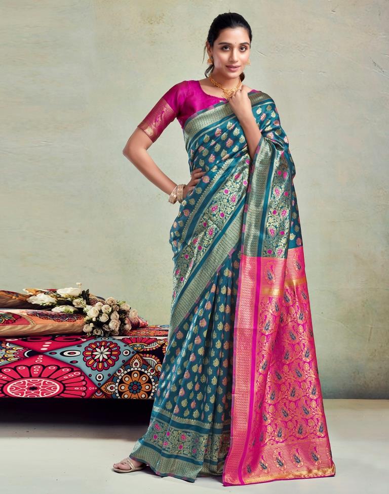 Teal Blue Silk Woven Saree