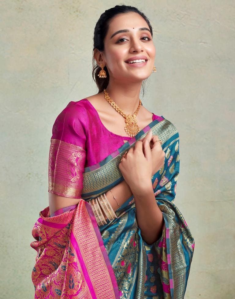 Teal Blue Silk Woven Saree