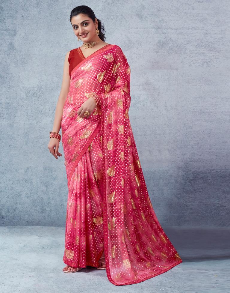 Red Lycra Printed  Saree