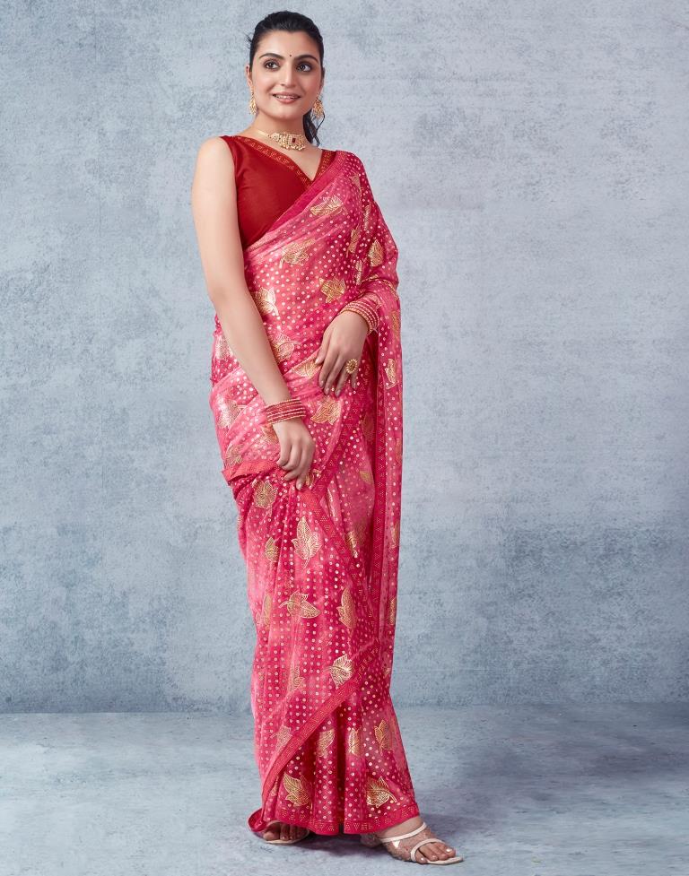 Red Lycra Printed  Saree