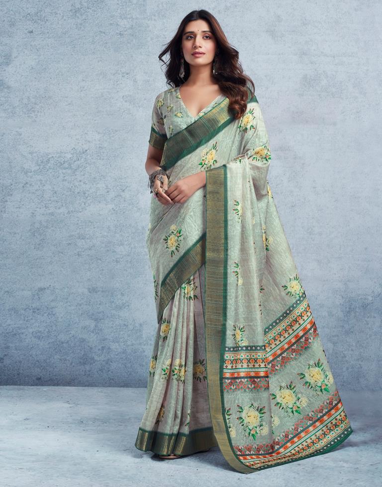 Dusty Green Silk Printed  Saree