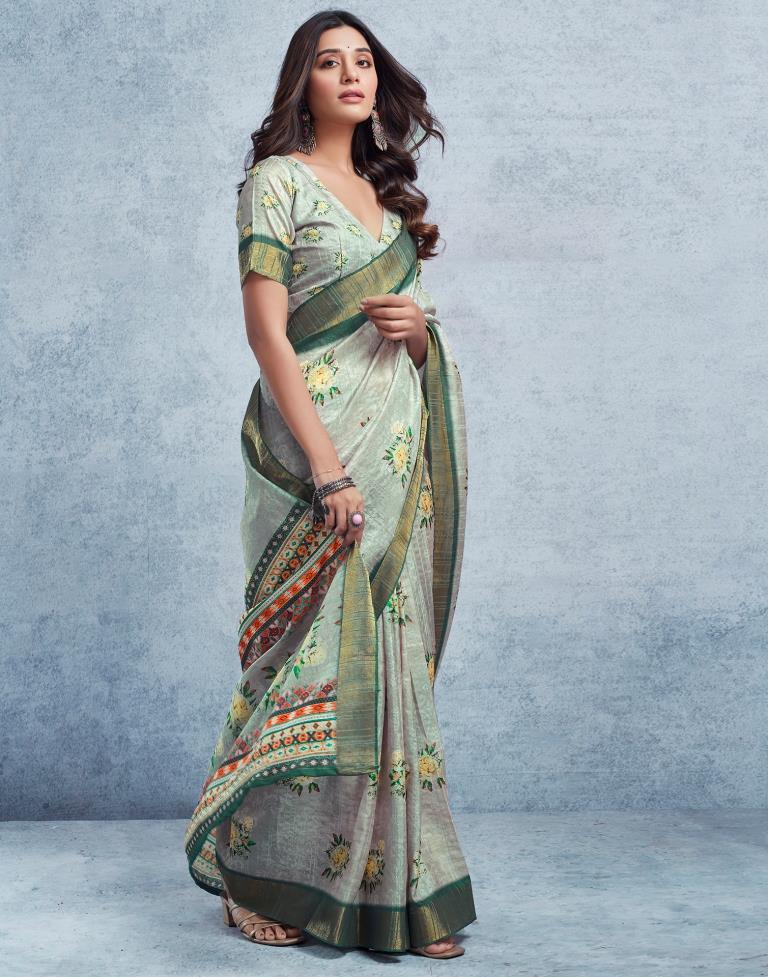 Dusty Green Silk Printed  Saree