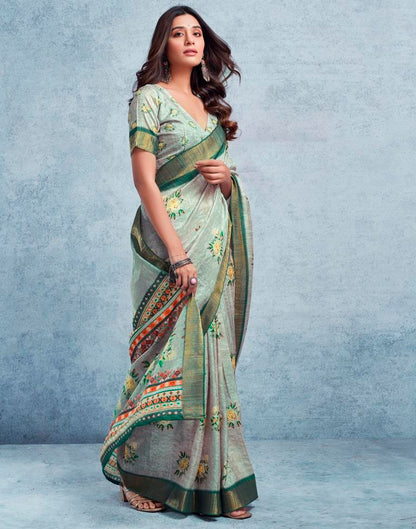 Dusty Green Silk Printed  Saree