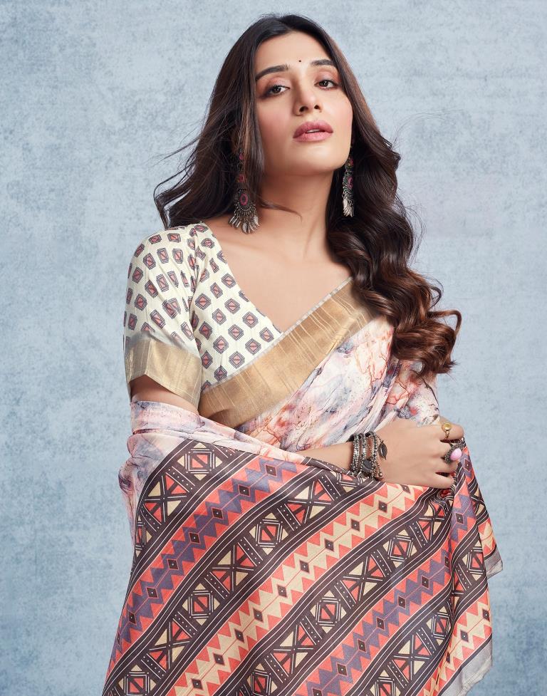 Light Pink Silk Printed  Saree