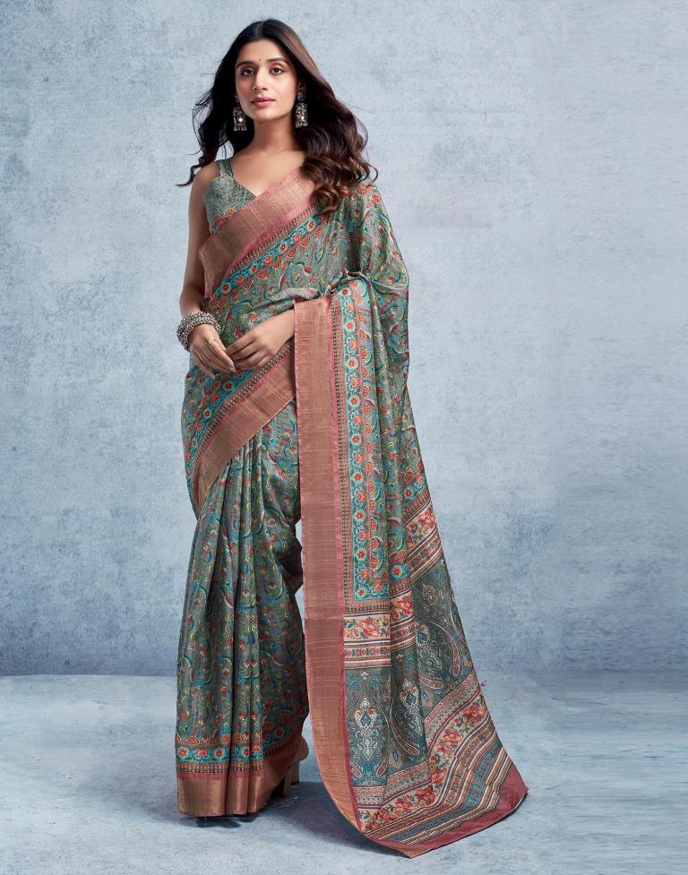 Grey Silk Printed  Saree