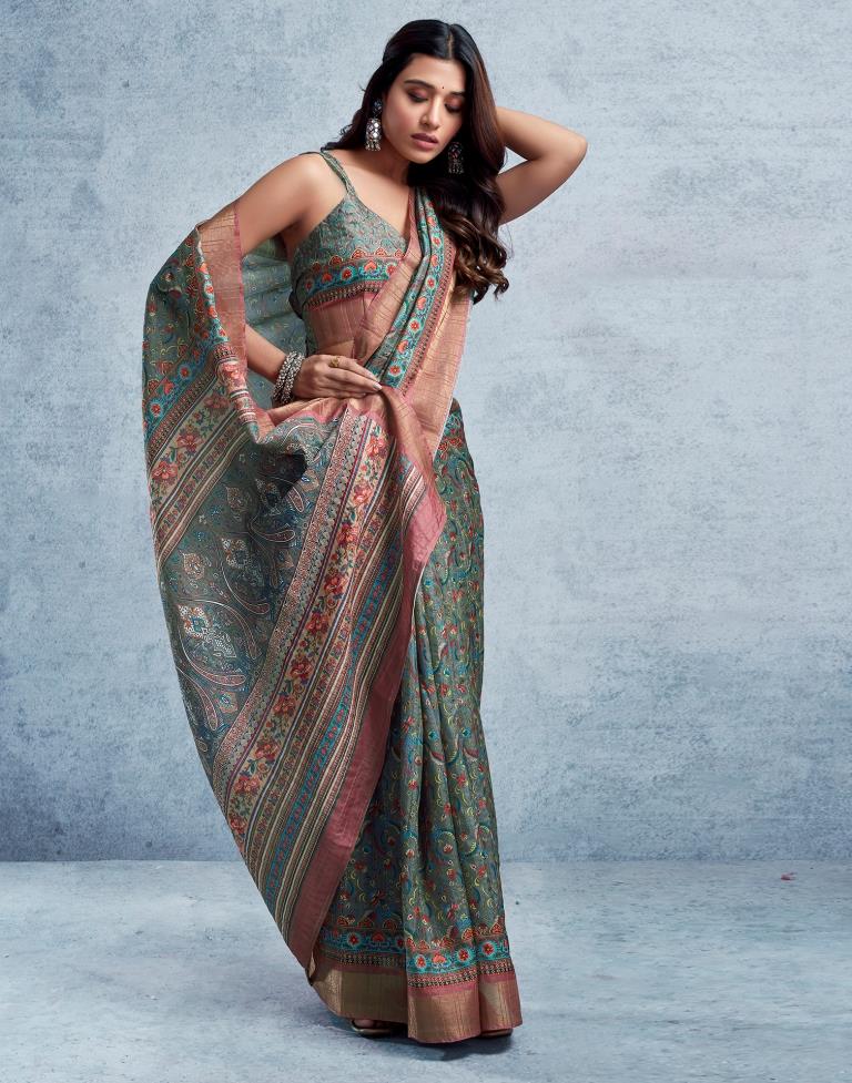 Grey Silk Printed  Saree