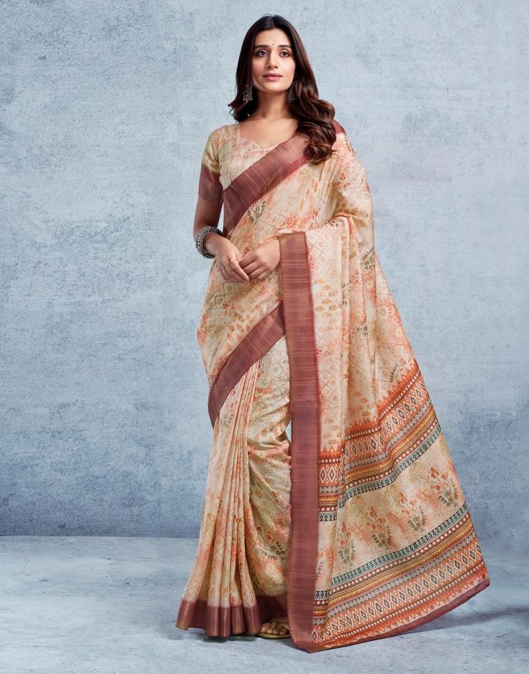 Beige &amp; Multicoloured Silk Printed  Saree