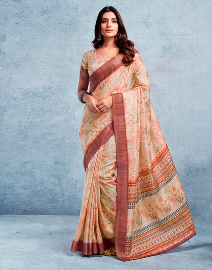 Beige &amp; Multicoloured Silk Printed  Saree