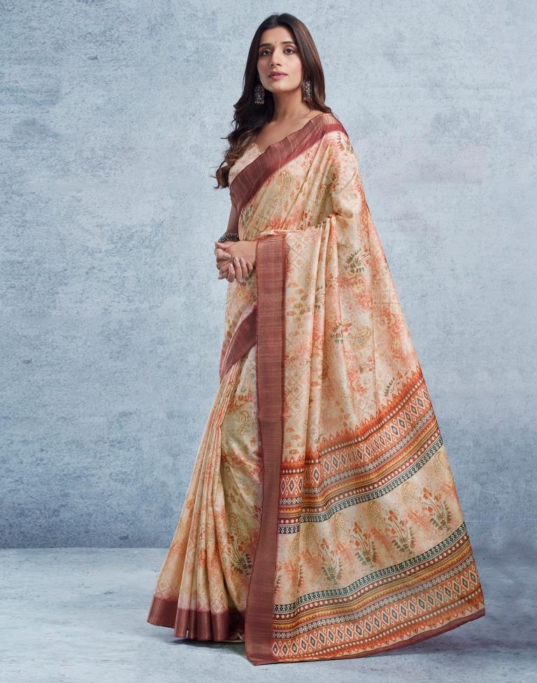 Beige &amp; Multicoloured Silk Printed  Saree