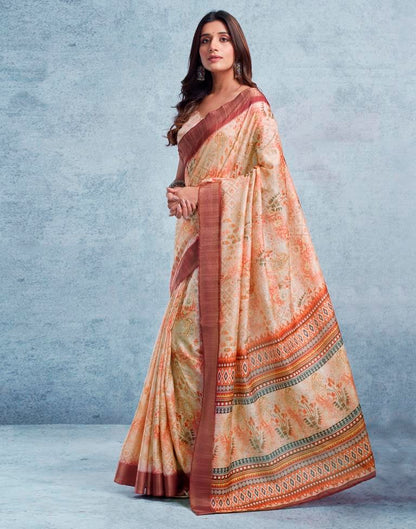 Beige &amp; Multicoloured Silk Printed  Saree