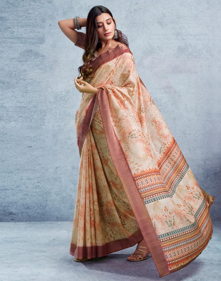 Beige &amp; Multicoloured Silk Printed  Saree