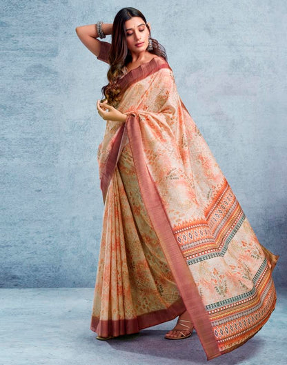 Beige &amp; Multicoloured Silk Printed  Saree